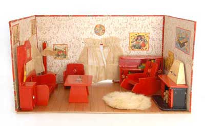 Opvouwbare kamer met rode meubeltjes